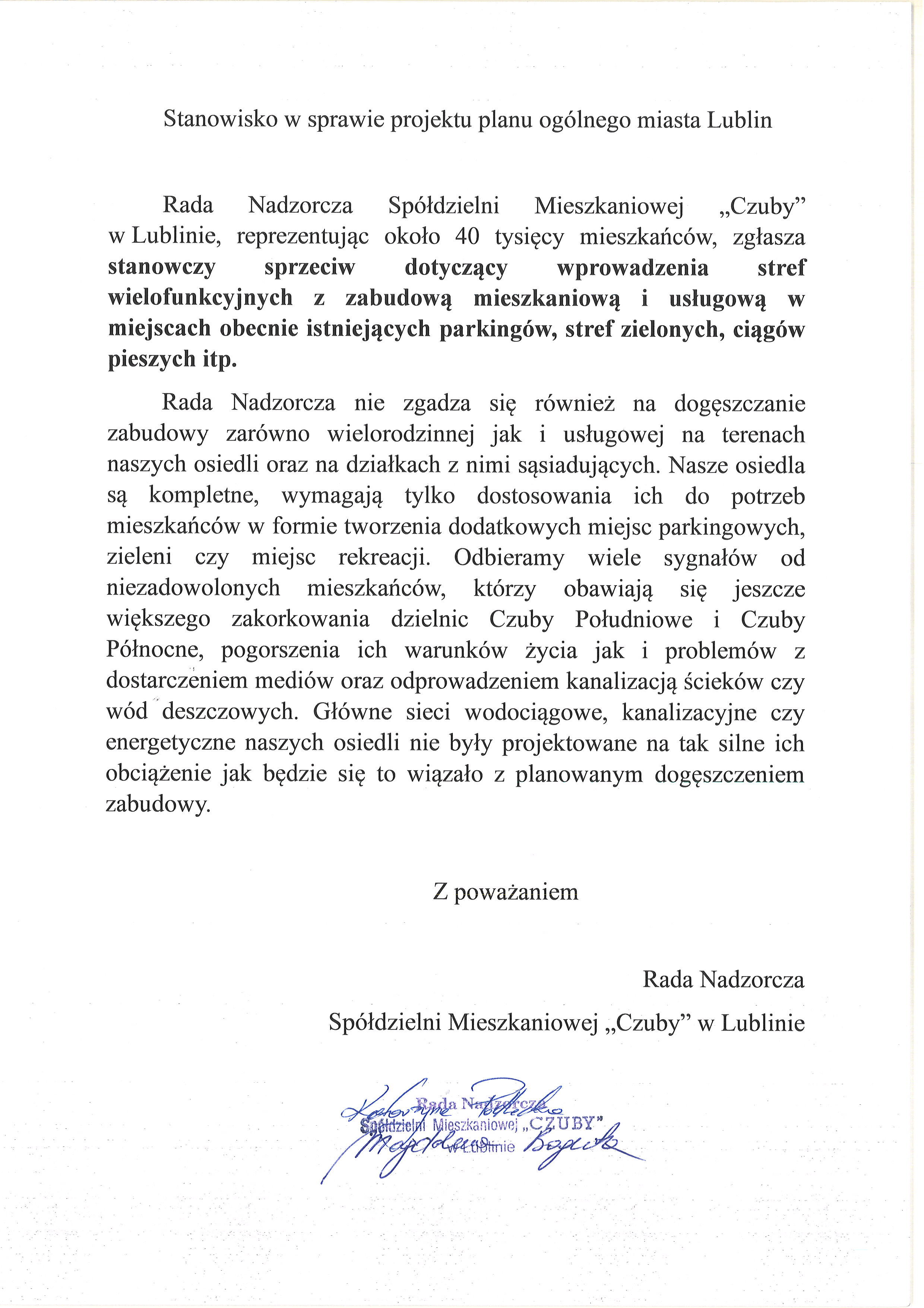 Baner Stanowisko Rady Nadzorczej w sprawie projektu planu ogólnego Miasta Lublin 