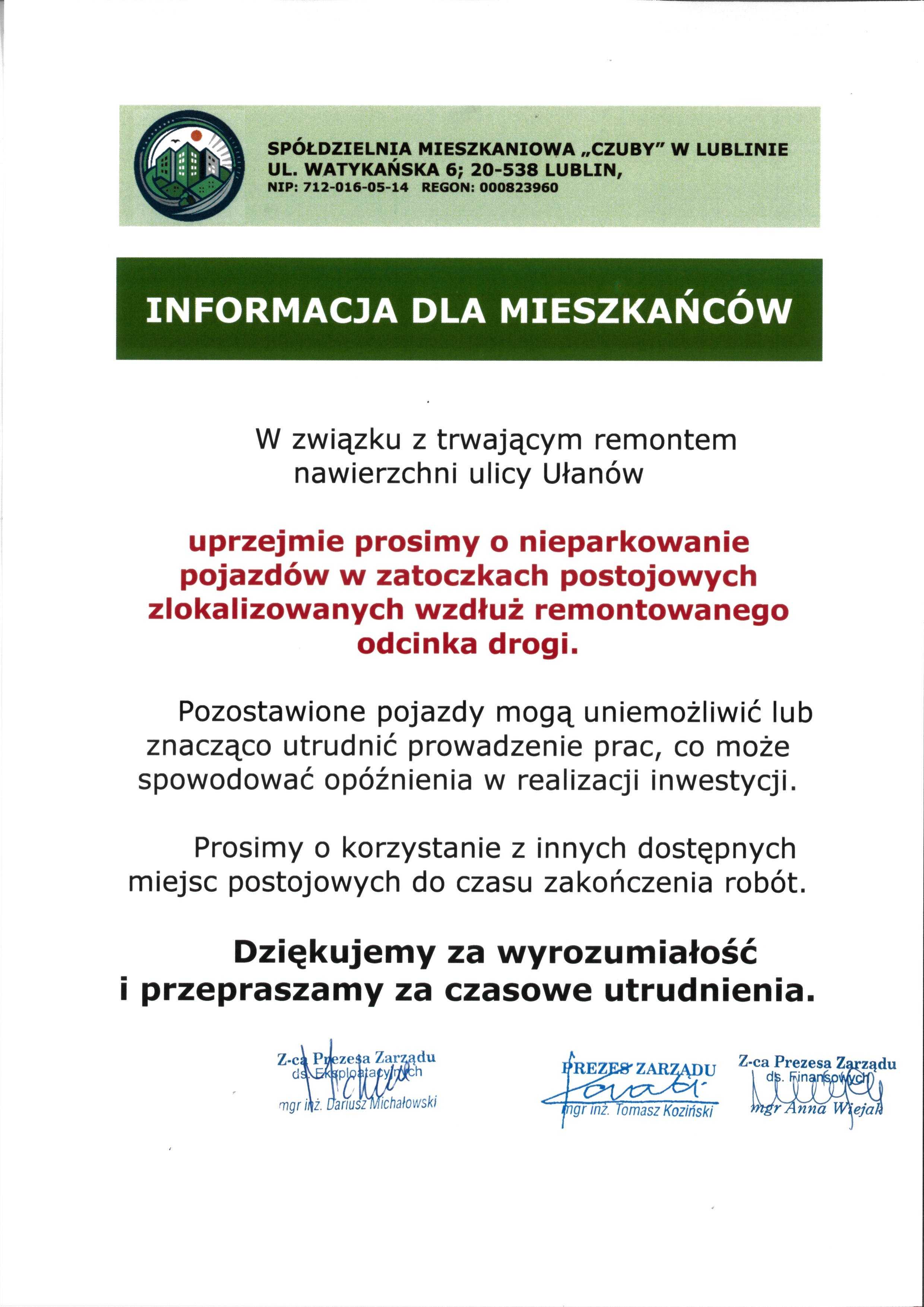 Baner Informacja o pracach remontowych przy ul. Ułanów